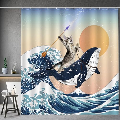 OwkHome Wasserdichter Duschvorhang Mit Tropischen Blättern Und 12 Rostbeständigen Haken, Badezimmerdekor Aus Polyester(Blue and Beige,W 70.9" x L 78.7") von OwkHome