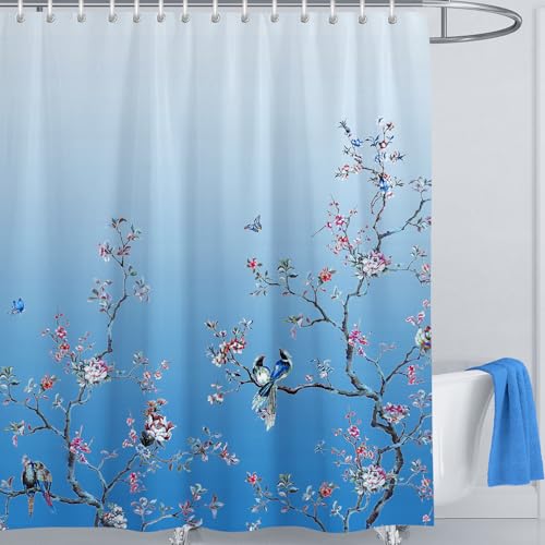 OwkHome Wasserdichter Duschvorhang Mit Weißem Vogel-Blumenmuster Und 12 Haken, 180 X 180 cm(Blue,W 35.4" x L 70.9" (1 Panels)) von OwkHome