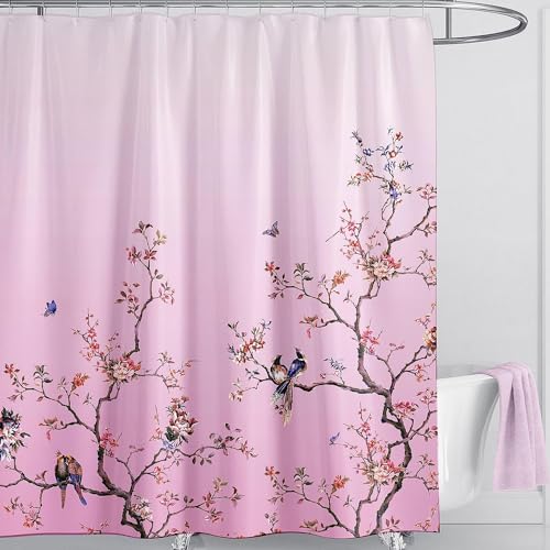OwkHome Wasserdichter Duschvorhang Mit Weißem Vogel-Blumenmuster Und 12 Haken, 180 X 180 cm(Pink,W 78.7" x L 78.7" (1 Panels)) von OwkHome