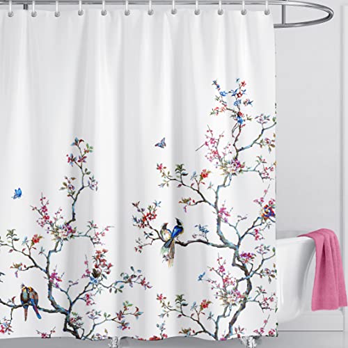 OwkHome Wasserdichter Duschvorhang Mit Weißem Vogel-Blumenmuster Und 12 Haken, 180 X 180 cm(White,W 70.9" x L 70.9" (1 Panels)) von OwkHome