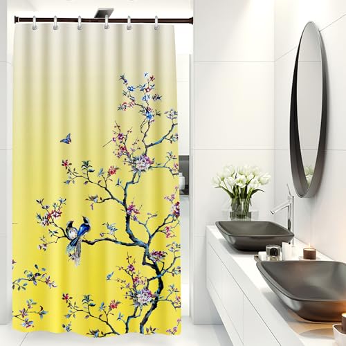 OwkHome Wasserdichter Duschvorhang Mit Weißem Vogel-Blumenmuster Und 12 Haken, 180 X 180 cm(Yellow,W 35.4" x L 70.9" (1 Panels)) von OwkHome