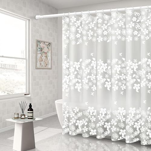 OwkHome Wasserdichter Duschvorhang aus PEVA – schimmelresistent, schnelltrocknend und waschbar – 180 x 200 cm – 12 Haken(White Flower,W 70.9" x L 70.9") von OwkHome