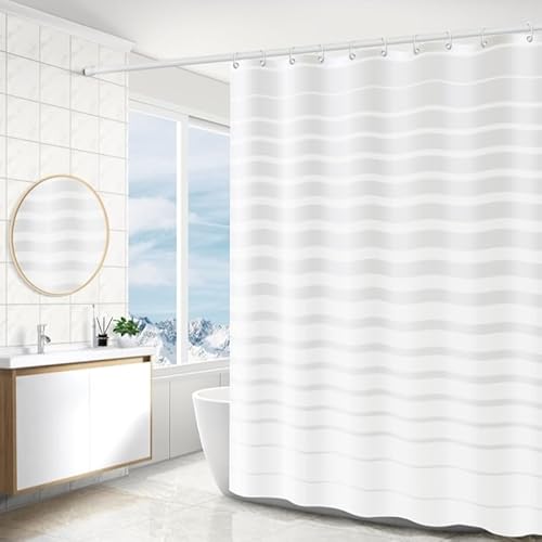 OwkHome Wasserdichter Duschvorhang aus PEVA – schimmelresistent, schnelltrocknend und waschbar – 180 x 200 cm – 12 Haken(White Stripe,W 70.9" x L 70.9") von OwkHome