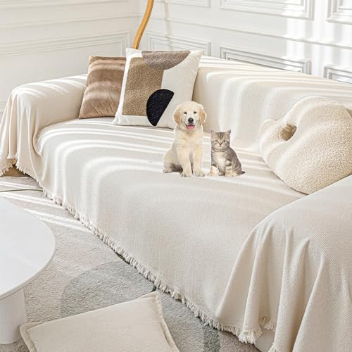 OwkHome Wasserdichter Sofabezug Aus Chenille for Anbausofas – Haustier-Schutzbezug Mit Rutschfestem Griff(Beige,180 * 340cm/71 * 134in) von OwkHome