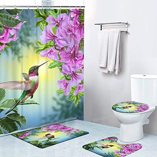 OwkHome Wasserdichtes Duschvorhang-Set Mit Osterhasen-Ei, Mit Rutschfester Badematte, Toilettendeckelbezug Und U-förmigem Teppich, 183,9 X 183,9 cm, Inkl. 12 Haken, Badezimmer-Dekor-Set(Hummingbirds) von OwkHome
