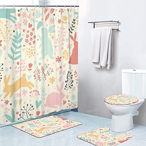 OwkHome Wasserdichtes Duschvorhang-Set Mit Osterhasen-Ei, Mit Rutschfester Badematte, Toilettendeckelbezug Und U-förmigem Teppich, 183,9 X 183,9 cm, Inkl. 12 Haken, Badezimmer-Dekor-Set(Happy Easter) von OwkHome