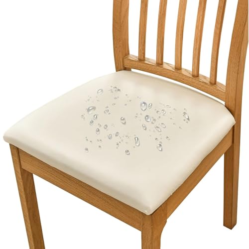 OwkHome Wasserdichtes Sitzbezug-Set Aus PU-Leder for Esszimmerstühle, Rutschfester Elastischer Schutz for Küchenstühle (2er-Pack)(Beige,Set of 2) von OwkHome