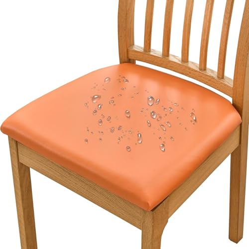 OwkHome Wasserdichtes Sitzbezug-Set Aus PU-Leder for Esszimmerstühle, Rutschfester Elastischer Schutz for Küchenstühle (2er-Pack)(Orange,Set of 4) von OwkHome