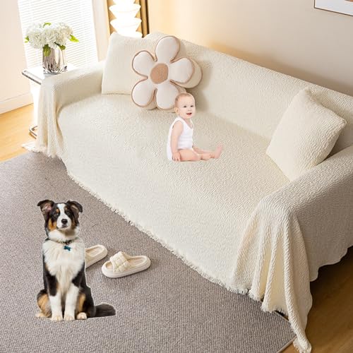 OwkHome Wendbarer Sofabezug Aus Chenille Mit Quasten, Doppelseitiger, Rutschfester, Waschbarer Schonbezug for Anbausofas(Beige,180 * 360cm/71 * 141.7in) von OwkHome