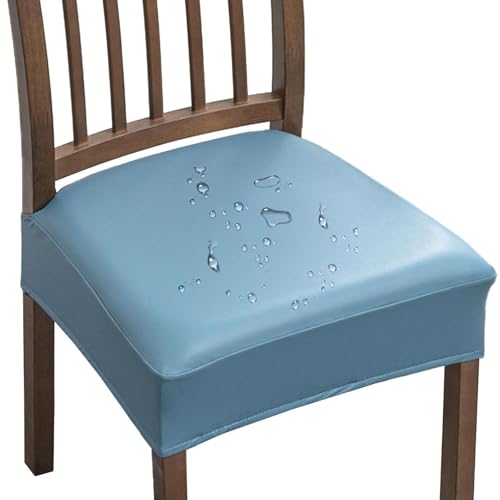 OwkHome wasserdichte Stuhlhussen Aus PU-Leder for Esszimmerstühle Mit Rutschfester Passform, Abnehmbarer Sitzschoner(Blue,Set of 4) von OwkHome