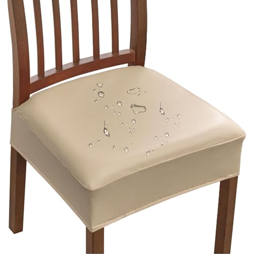 OwkHome wasserdichte Stuhlhussen Aus PU-Leder for Esszimmerstühle Mit Rutschfester Passform, Abnehmbarer Sitzschoner(Khaki,Set of 4) von OwkHome
