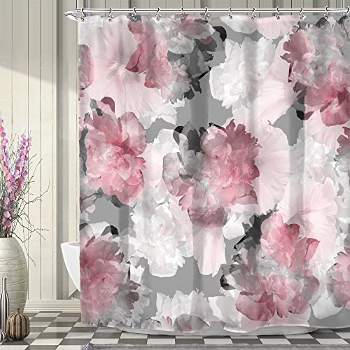 Pinkgraue Blumen-Duschvorhang, Pfingstrosen-Floral-Frühling-Wasserfarben-Design, 60Wx72L Zoll mit 12 Haken, Polyester-Wasserdichter Stoff für Badezimmer-Paneele(Pink and Gray,60" W x 72" L) von OwkHome