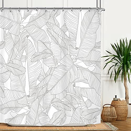 Tropischer Duschvorhang In Schwarz Und Weiß – Palmenblatt, Moderne Banane, Monstera-Blätter, Regenwald-Dschungel, Hawaii-Pflanzendesign – Stoff Wasserdicht – 12er-Pack Kunststoffhaken(Palm Tree Leaf,6 von OwkHome