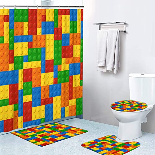 Wasserdichtes Duschvorhang-Set „Fluffy Monsters“ Mit Rutschfester Badematte, Toilettendeckelbezug Und U-förmigem Teppich, 183,9 X 183,9 Cm, Inkl. 12 Haken, Badezimmer-Dekor-Set(Colorful Blocks) von OwkHome