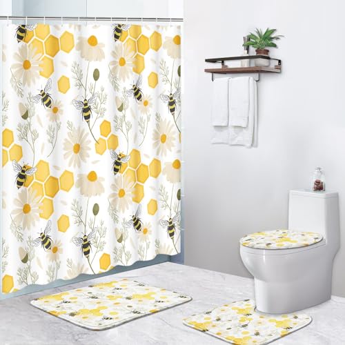 Wasserdichtes Duschvorhang-Set Mit Bienen- Und Sonnenblumenmotiv, Mit Rutschfester Badematte, Toilettendeckelbezug Und U-förmigem Teppich, 183,9 X 183,9 Cm, Inkl. 12 Haken, Modernes Badezimmerdekor(Be von OwkHome
