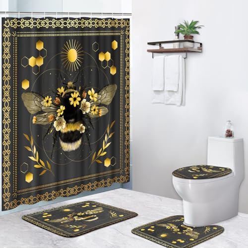 Wasserdichtes Duschvorhang-Set Mit Bienen- Und Sonnenblumenmotiv, Mit Rutschfester Badematte, Toilettendeckelbezug Und U-förmigem Teppich, 183,9 X 183,9 Cm, Inkl. 12 Haken, Modernes Badezimmerdekor(Be von OwkHome