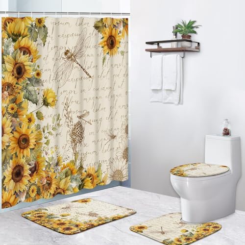 Wasserdichtes Duschvorhang-Set Mit Bienen- Und Sonnenblumenmotiv, Mit Rutschfester Badematte, Toilettendeckelbezug Und U-förmigem Teppich, 183,9 X 183,9 Cm, Inkl. 12 Haken, Modernes Badezimmerdekor(Su von OwkHome