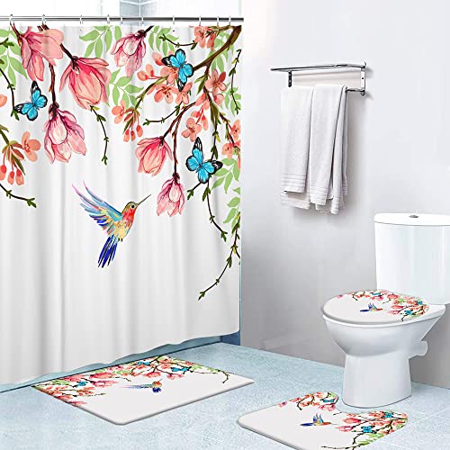Wasserdichtes Duschvorhang-Set Mit Osterhasen-Ei, Mit Rutschfester Badematte, Toilettendeckelbezug Und U-förmigem Teppich, 183,9 X 183,9 Cm, Inkl. 12 Haken, Badezimmer-Dekor-Set(Magnolia Floral) von OwkHome