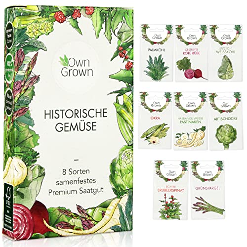 Gemüsesamen Alte Sorten: 8 Sorten Alte Gemüse Samen im Set für Garten und Balkon – Artischocken Samen, Spitzkohl Samen, Palmkohl Samen, Pastinaken, Rote Rübe, Spargel – Saatgut Alte Sorten v OwnGrown von OwnGrown