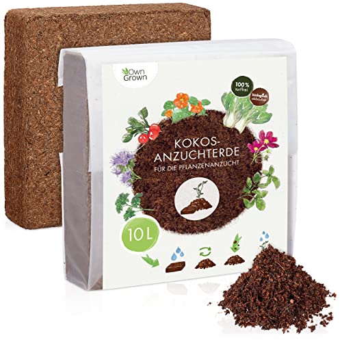 Kokos Anzuchterde mit Nährstoffen: 10L Premium Anzuchterde torffrei – Kokoserde gepresst als praktische Quellerde – Kokos Blumenerde Zimmerpflanzen – Blumenerde Balkonpflanzen – Anzucht Erde OwnGrown von OwnGrown