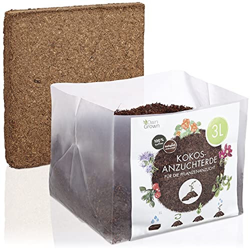 Kokos Anzuchterde mit Nährstoffen: 3L Premium Anzuchterde torffrei – Kokoserde gepresst als praktische Quellerde – Kokos Blumenerde Zimmerpflanzen – Blumenerde Balkonpflanzen – Anzucht Erde OwnGrown von OwnGrown