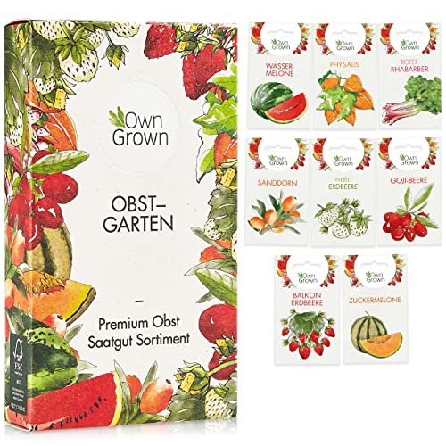 Obst Samen Set: Premium Garten Obst Saatgut mit 8 Sorten Obst Pflanzen für Garten und Balkon – Wassermelone Samen, Erdbeeren Samen, Andenbeere, Rhabarber uvm. – Obstsamen Geschenk Set von OwnGrown von OwnGrown