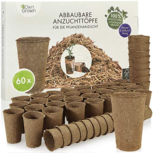 OwnGrown Abbaubare Anzuchttöpfe: 60x Premium Anzucht Topf aus Holzfasern – biologisch abbaubar – Pflanztöpfe rund zur Pflanzen Anzucht – Torffrei, ohne Pikieren von OwnGrown