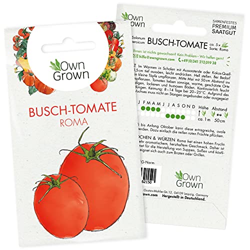 OwnGrown Premium Busch Tomaten Samen (Solanum lycopersicum), Tomatensamen Buschtomate Sorte Roma Tomate, Saatgut für rund 50 Busch Tomatenpflanzen von OwnGrown