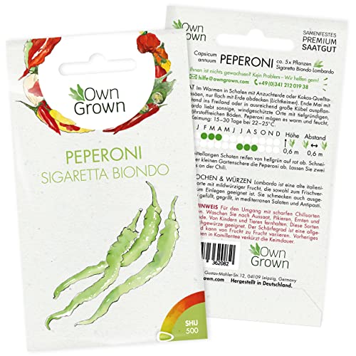 Peperoni Samen Sigaretta Biondo: 5 Premium Peperoni Lombardo Samen zum Anbau von Peperoni Pflanzen für Balkon, Kübel und Garten – Lombardo Peperoni mild – Zertifizierte Pepperoni Samen von OwnGrown von OwnGrown