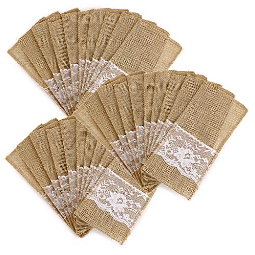 OwnMy Natürliche Jute-Geschirr-Utensilienhalter aus Sackleinen Spitze Besteckhalter Leinen Messer und Gabeln Bestecktasche für Vintage rustikale Hochzeitsfeier (beige-30 Packungen) von OwnMy