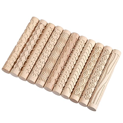 OwnMy Set mit 11 Holz-Ton-Textur-Rollern, Griff für Töpfereiwerkzeuge, Modelliermuster-Roller-Set mit Box, Blumenblatt-Baum-Muster, Ton-Nudelholz, Werkzeuge, Schneeflocke, Stern, Textur, Töpferwalzen von OwnMy