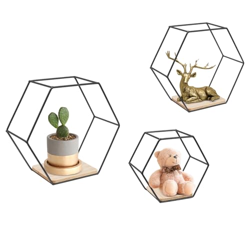 Owneed Hexagon Wandregal Metall 3er Set, Wanddeko Hängeregal Schweberegal in 3 Größen, Sechseck Regale für Wanddeko in Wohnzimmer-Schweberegale (Schwarz) von Owneed