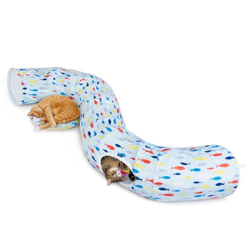 Ownpets Katzentunnel, Großer Katzentunnel mit Katzenbett für Indoor Katzen, L-190CM,Dia-30CM, flauschig, Katzentunnel große Katzen, Runder Katzentunnel XXL mit Katzenspielzeug, Abnehmbar, Blau von Ownpets