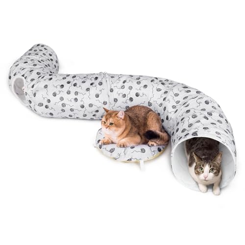 Ownpets Katzentunnel, Großer Katzentunnel mit Katzenbett für Indoor Katzen, L-190CM,Dia-30CM, flauschig, Runder Katzentunnel XXL mit Katzenspielzeug, Abnehmbar, Weiß von Ownpets