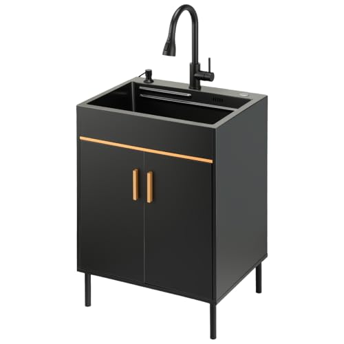 Ownsig 60 cm Edelstahl-Waschtisch mit Schrank und ausziehbarem Wasserhahn, schwarz, freistehend, mit abnehmbarem Einsatzbecken, für Waschküche, Küche oder Garage von Ownsig