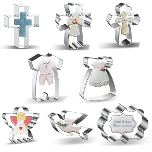 Keksausstecher Kreuz für Kommunion, 8 Stück Ausstechformen Set,PläTzchenformen Taube,Cookie Cutters Kelch, EngelsflüGel,Ausstecher Fisch,Christen Konfirmation Taufedeko von Owyee