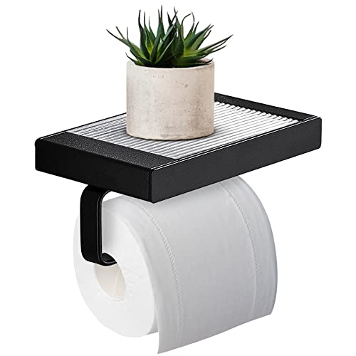 Oxdigi Toilettenpapierhalter mit ablage,Klopapierhalter ohne Bohren,Selbstklebend Klorollenhalter für Badezimmer, WC Papier Halterung, Aluminium+ Acryl, Schwarz von Oxdigi