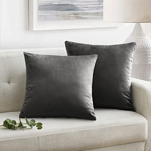 Oxford Homeware Samt Kissenbezüge 45x45 cm 2er Set Quadratisch Wurf Kissenbezüge Dekorative Schlafzimmer Kissenbezug für Sofa Wohnzimmer Auto mit unsichtbarem Reißverschluss (Anthrazit, 18x18 Zoll) von Oxford Homeware