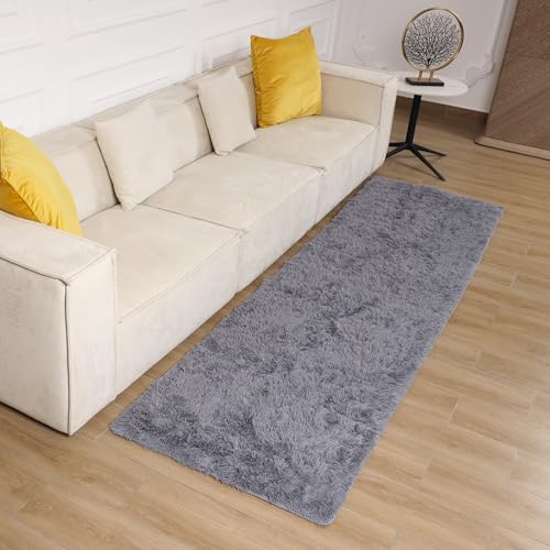 Oxford Homeware Teppiche Wohnzimmer Flauschige Graue Fläche Teppiche für Schlafzimmer Flur Läufer Teppich 60 x 220 cm rutschfest - Modern Weich Bettvorleger Waschbar Bodenteppiche von Oxford Homeware