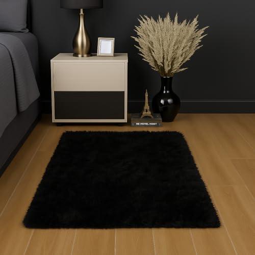 Oxford Homeware Teppiche für Wohnzimmer, klein, 50 x 80 cm, flauschig, zottelig, schwarz, für Schlafzimmer, Lounge, superweich, rutschfest, waschbar, moderne Bodenteppiche, Bettvorleger für Oxford Homeware Teppiche für Wohnzimmer, klein, 50 x 80 cm, flauschig, zottelig, schwarz, für Schlafzimmer, Lounge, superweich, rutschfest, waschbar, moderne Bodenteppiche, Bettvorleger für von Oxford Homeware
