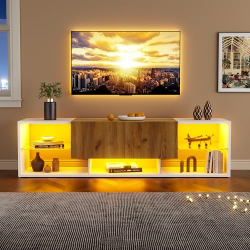 3 Tier TV Console Cabinet for TVs Up to 70", modernes TV-Konsolen-Entertainment-Center mit Glasplatten-Aufbewahrungsplattform und 2 Schubladen, TV Stand, geeignet für Wohnzimmer, Schlafzimmer, Weiß von Oxtao
