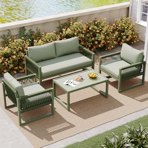 4 Sitz Gartenmöbel-Set aus Seilgeflecht – Lounge-Set mit Zweiersofa, Sesseln & Couchtisch – Verzinkter Eisenrahmen,Sitzkissen, verstellbare Füße, gehärtete Glasplatte – Für Garten & Terrasse (Grün) von Oxtao