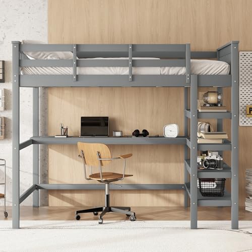 Hochbett mit Schreibtisch und Lagerregal 140x200cm, Kinderbett Bettgestell mit Lattenrost & Rausfallschutz, Platzsparendes Kinder Etagenbett aus Kiefernholz, Funktionsbett Stockbett (Grau, 140x200CM) Hochbett mit Schreibtisch und Lagerregal 140x200cm, Kinderbett Bettgestell mit Lattenrost & Rausfallschutz, Platzsparendes Kinder Etagenbett aus Kiefernholz, Funktionsbett Stockbett (Grau, 140x200CM) von Oxtao