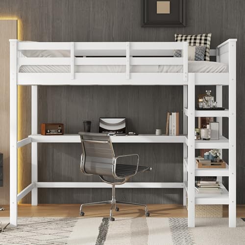 Hochbett mit Schreibtisch und Lagerregal 140x200cm, Kinderbett Bettgestell mit Lattenrost & Rausfallschutz, Platzsparendes Kinder Etagenbett aus Kiefernholz, Funktionsbett Stockbett (Weiß, 140x200CM) Hochbett mit Schreibtisch und Lagerregal 140x200cm, Kinderbett Bettgestell mit Lattenrost & Rausfallschutz, Platzsparendes Kinder Etagenbett aus Kiefernholz, Funktionsbett Stockbett (Weiß, 140x200CM) von Oxtao