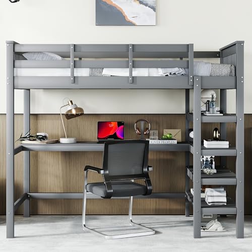 Hochbett mit Schreibtisch und Lagerregal 90x200cm, Kinderbett Bettgestell mit Lattenrost & Rausfallschutz, Platzsparendes Kinder Etagenbett aus Kiefernholz, Funktionsbett Stockbett (Grau, 90x200CM) von Oxtao