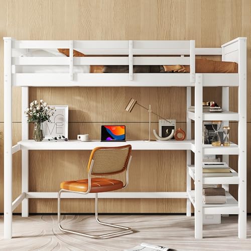 Hochbett mit Schreibtisch und Lagerregal 90x200cm, Kinderbett Bettgestell mit Lattenrost & Rausfallschutz, Platzsparendes Kinder Etagenbett aus Kiefernholz, Funktionsbett Stockbett (Weiß, 90x200CM) Hochbett mit Schreibtisch und Lagerregal 90x200cm, Kinderbett Bettgestell mit Lattenrost & Rausfallschutz, Platzsparendes Kinder Etagenbett aus Kiefernholz, Funktionsbett Stockbett (Weiß, 90x200CM) von Oxtao