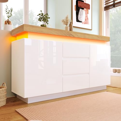 Kommode, Hochglanz Sideboard mit 2 Türen und 3 Schubladen, LED Beleuchtung (App Control), Mehrzweckschrank für Wohnzimmer und Schlafzimmer 140x39x81cm, Weiß (140x39x81cm) von Oxtao