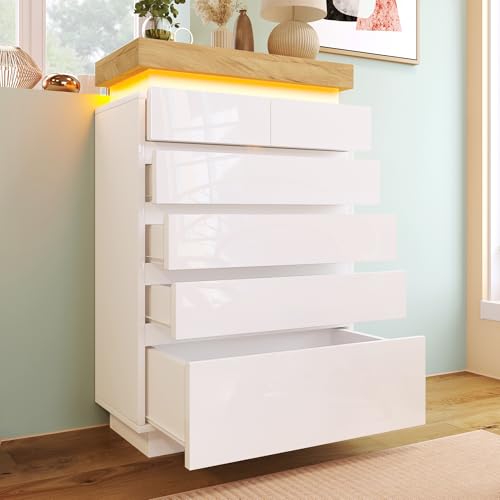 Kommode, Hochglanz Sideboard mit 6 Schubladen, LED Beleuchtung (App Control), Mehrzweckschrank für Wohnzimmer und Schlafzimmer 73x39x115cm, Weiß (73x39x115CM) von Oxtao