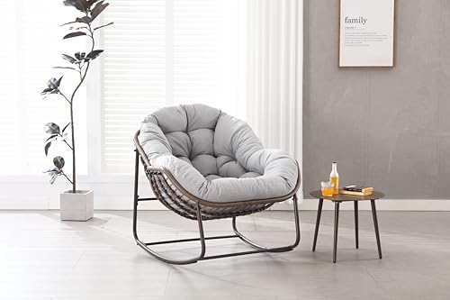 Outdoor Rattan Rocking Chair,Padded Cushion Rocker Recliner Chair Outdoor for Front Porch, Living Room, Patio, Garden (Light Gray) von Oxtao