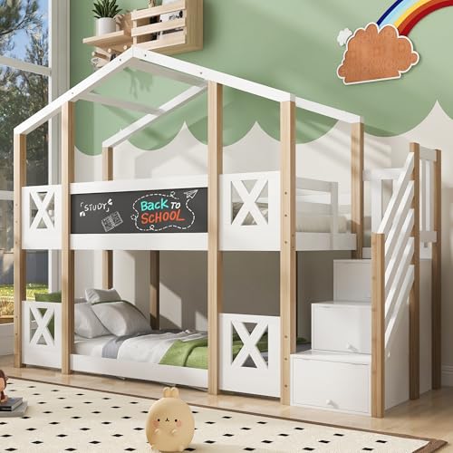 Oxtao Etagenbett Kinderbett 90 x 200cm, Hausbett für 2 Kinder, Hochbett Holzbett mit Lattenrost und Schublade, Baumhaus Bett mit Rausfallschutz und Treppe, Ohne Matratze(Weiß+Natur-A, 90x200CM) von Oxtao